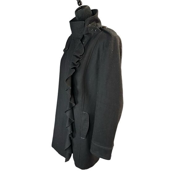 TAHARI~BLACK WOOL RUFFLE SNAP FRONT LEATHER TRIM COAT sz 14 - Picture 10 of 16
